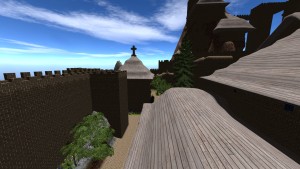 A Medieval voxel castle in Brutal Nature with a church and many other buildings